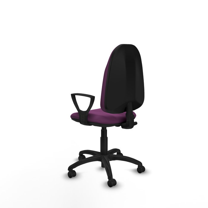 Silla de oficina Algarra con mecanismo Contacto permanente básico tapizada con Similpiel color Morado. Equipada con Base poliamida negra, Brazos fijos y Ruedas autofrenantes