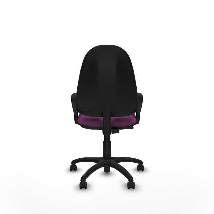 Silla de oficina Algarra con mecanismo Contacto permanente básico tapizada con Similpiel color Morado. Equipada con Base poliamida negra, Brazos fijos y Ruedas autofrenantes