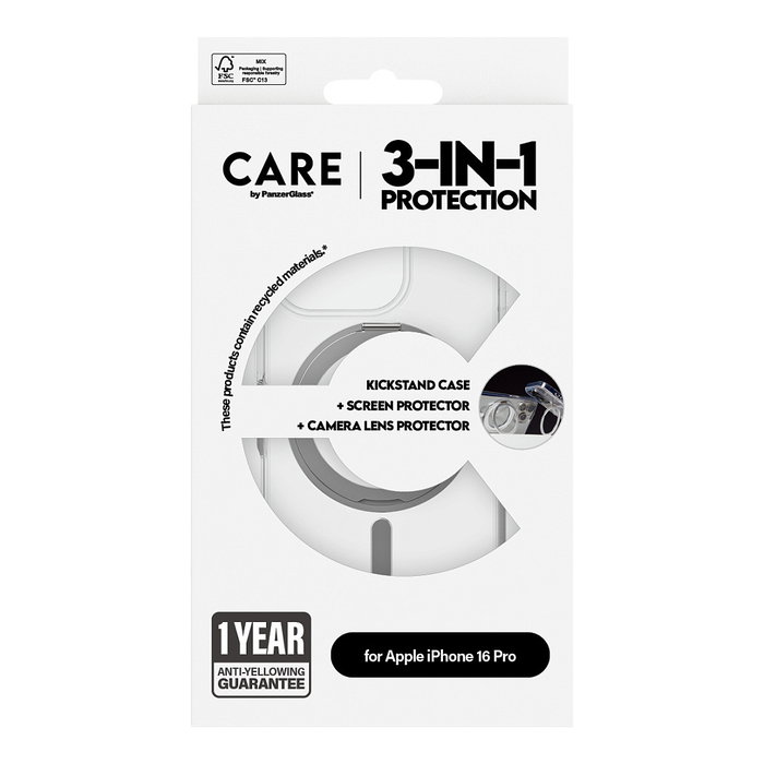 PanzerGlass Protector de Pantalla CARE 3 en 1 Cerámico para iPhone 16 Pro, Kit de Aplicación en Seco Sin Burbujas, Antihuellas y Resistentes a Rayones y Golpes