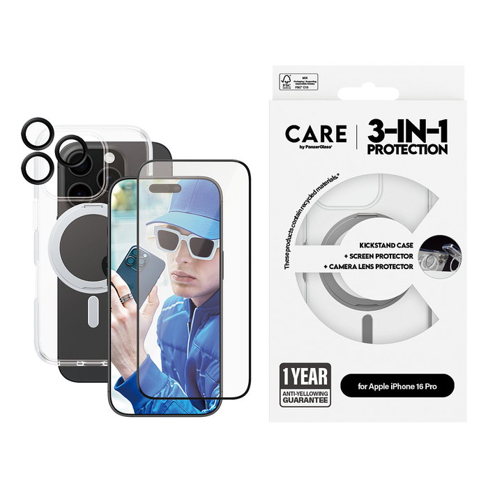 PanzerGlass Protector de Pantalla CARE 3 en 1 Cerámico para iPhone 16 Pro, Kit de Aplicación en Seco Sin Burbujas, Antihuellas y Resistentes a Rayones y Golpes