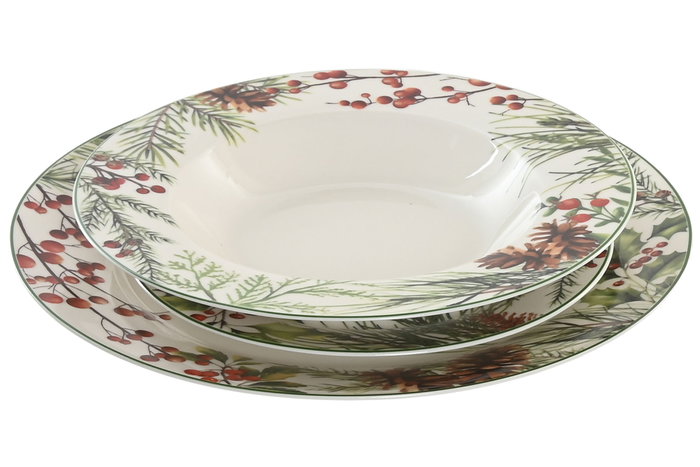 DKD Home Decor Vajilla Navidad Tradicional Acebo Verde Blanco 25x25x2 cm Set 18