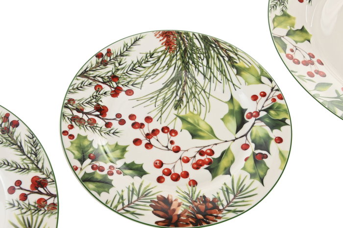 DKD Home Decor Vajilla Navidad Tradicional Acebo Verde Blanco 25x25x2 cm Set 18