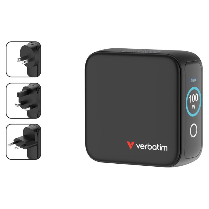 Verbatim Mini GaN Charger 100W con pantalla TFT y 3 puertos (EU/UK/US) de color Negro