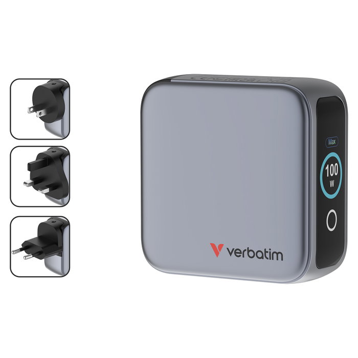 Verbatim Mini GaN Charger 100W con Pantalla TFT y 3 Puertos (EU/UK/US)平衡