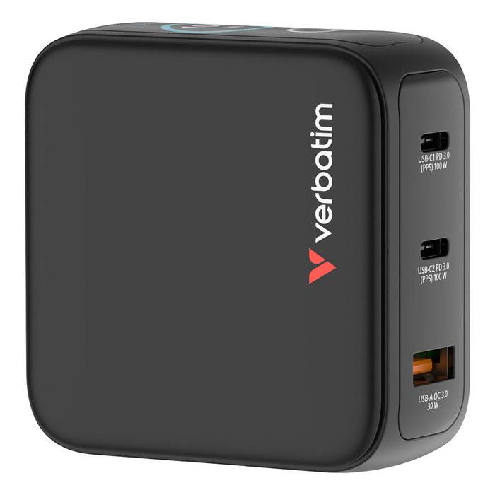 Verbatim Mini GaN Charger 100W con pantalla TFT y 3 puertos (EU/UK/US) de color Negro