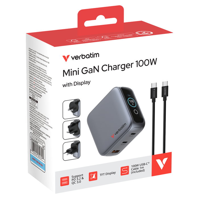 Verbatim Mini GaN Charger 100W con Pantalla TFT y 3 Puertos (EU/UK/US)平衡