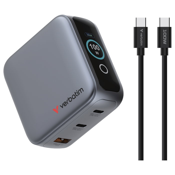 Verbatim Mini GaN Charger 100W con Pantalla TFT y 3 Puertos (EU/UK/US)平衡