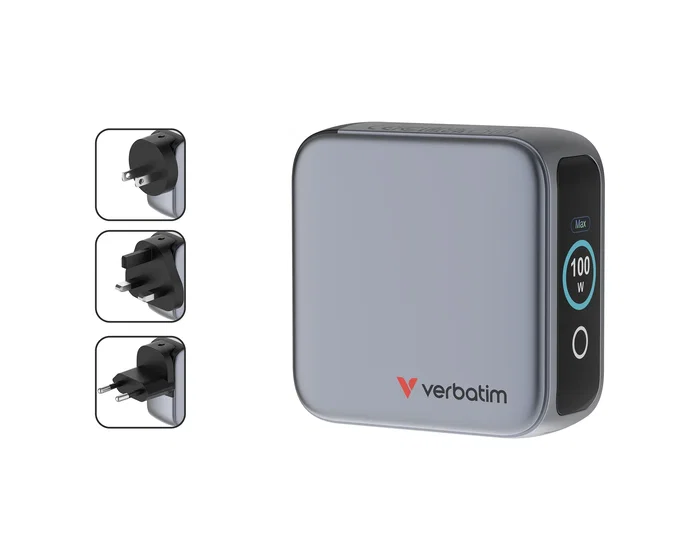 Verbatim Mini GaN Charger 100W con pantalla TFT y 3 puertos (EU/UK/US) de color Negro