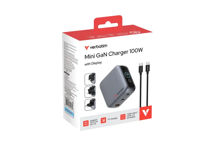 Verbatim Mini GaN Charger 100W con pantalla TFT y 3 puertos (EU/UK/US) de color Negro