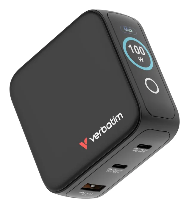 Verbatim Mini GaN Charger 100W con pantalla TFT y 3 puertos (EU/UK/US) de color Negro