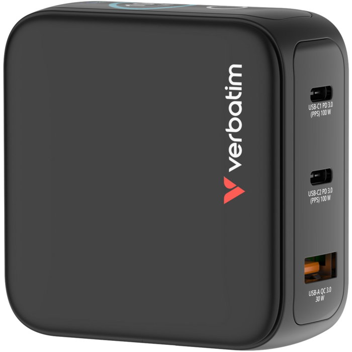 Verbatim Mini GaN Charger 100W con pantalla TFT y 3 puertos (EU/UK/US) de color Negro