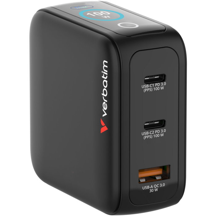 Verbatim Mini GaN Charger 100W con pantalla TFT y 3 puertos (EU/UK/US) de color Negro
