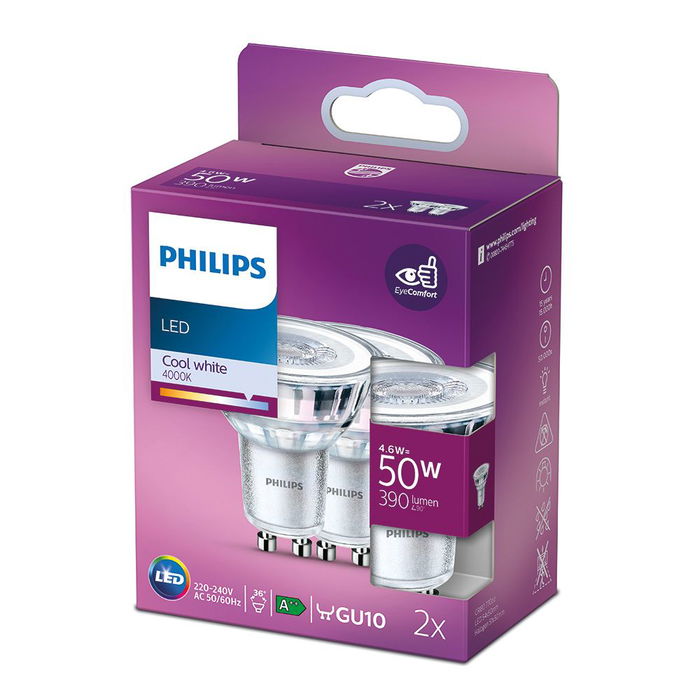 Philips Bombilla GU10 LED 4.6W 390lm Luz de Día 4000K Pack 2 Unidades