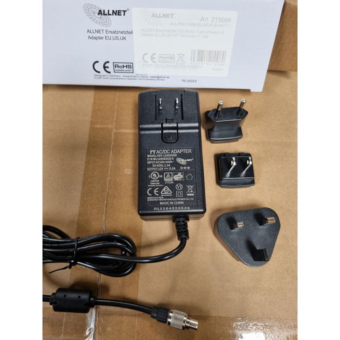ALLNET HTT con Binder 711 M9 Fuente de Alimentación 12V/5A Tipo EU Negro con Adaptadores EU, US, UK