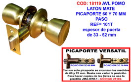 AVL Pomo de Latón Mate para Picaporte 60 y 70 mm Paso 101T