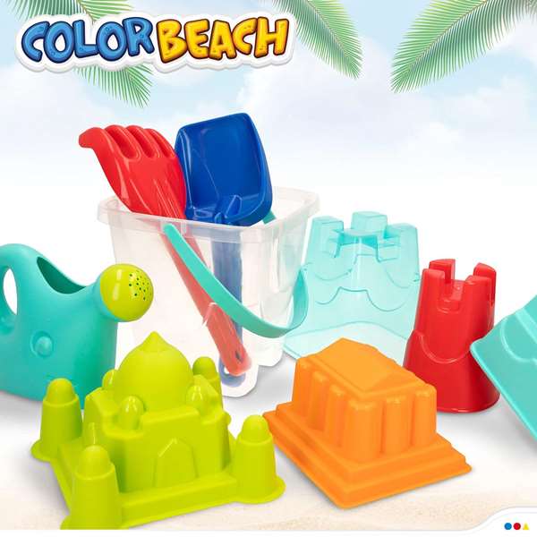 Color Baby Cubo de Playa Castillo 18cm con Palas 27cm, Regadera y 5 Moldes en Bolsa