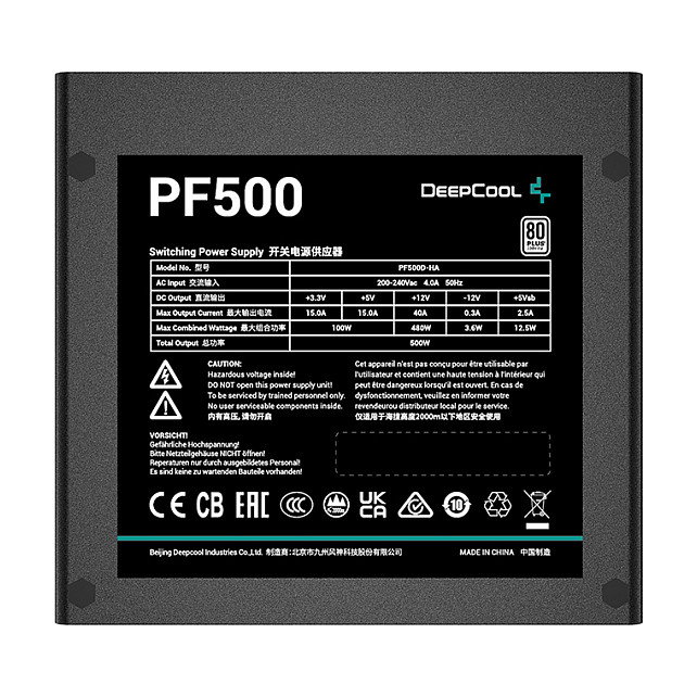 DeepCool Fuente de Alimentación PF500 500W 80 Plus ATX - Negro, No Modular, Ventilador de 12 cm, Modelo PF500