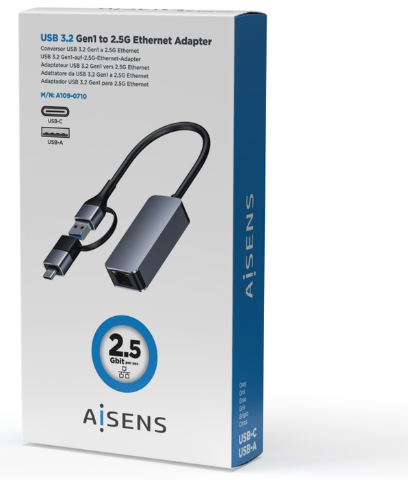 Aisens Conversor USB 3.2 Gen1 USB-A y USB-C a Ethernet 2.5G Gris
