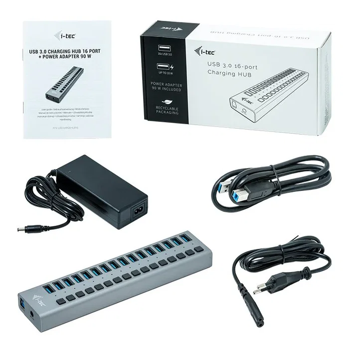 i-tec U3CHARGEHUB16 Hub USB 3.0 con Carga, 16 Puertos, Adaptador de Energía 90W para Carga Simultánea, Plug & Play, Compatible con PC, Mac, Laptop