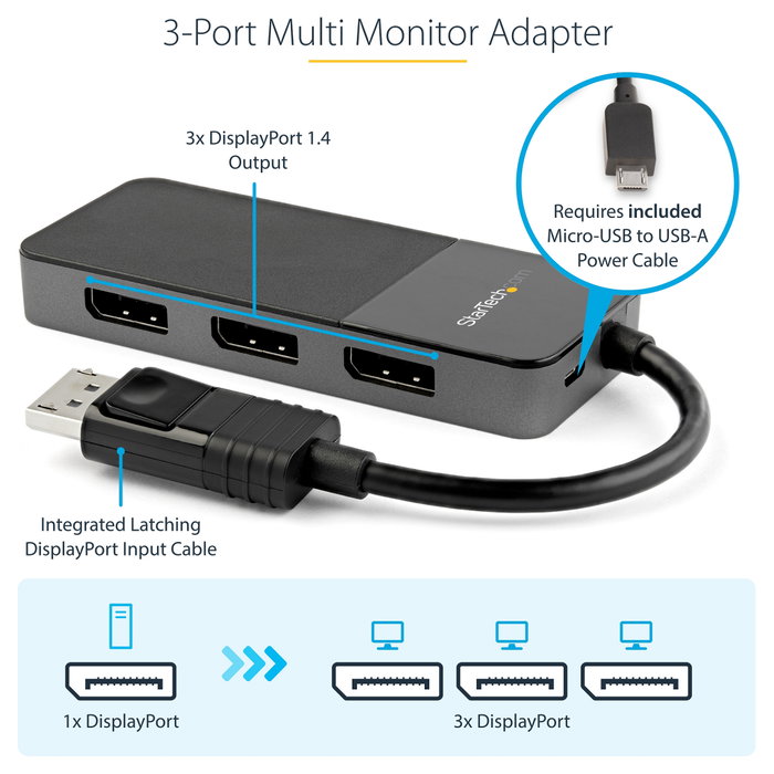 StarTech.com Hub MST DisplayPort 1.4 a 3x DisplayPort MST14DP123DP Negro