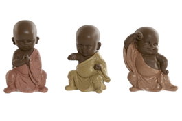 DKD Home Decor Set de 3 Figuras de Monje en Resina, Estilo Oriental, Colores Coral, Lima y Naranja