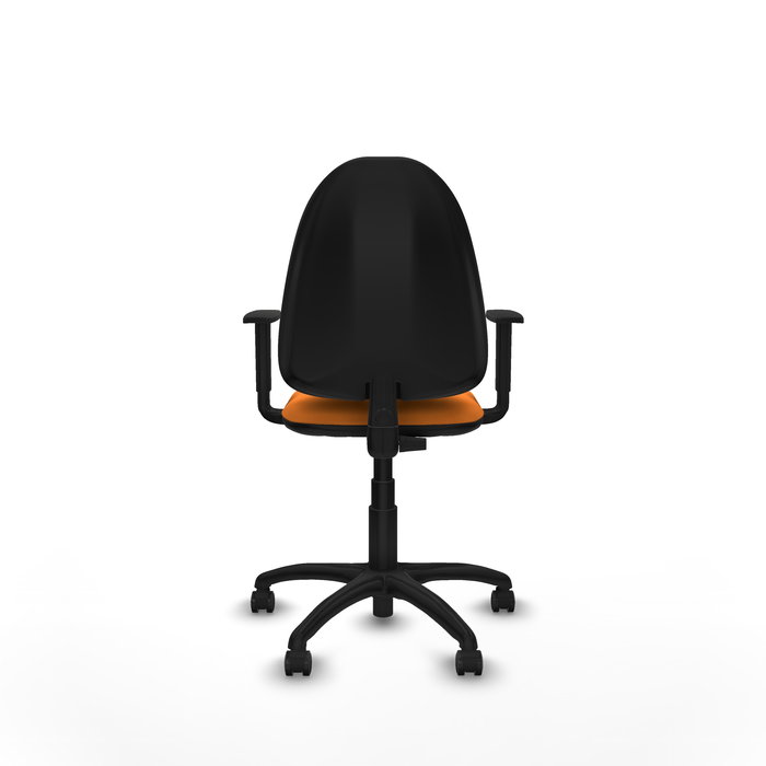 Silla de oficina Aýna con mecanismo Contacto permanente básico tapizada con Similpiel color Naranja. Equipada con Base poliamida negra, Brazos 1D y Ruedas de parqué