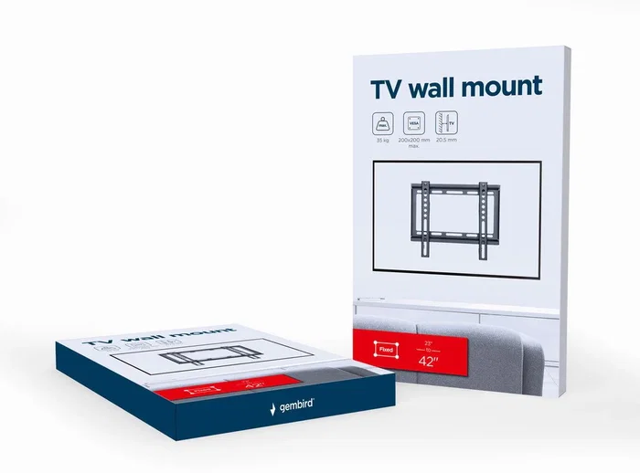 Gembird WM-42F-04 Soporte para TV de Pared, Acero Negro, 23-42 Pulgadas (106,7 cm), VESA hasta 200x200 mm, Soportes 35 kg, con Nivel Burbuja y Kit de Montaje