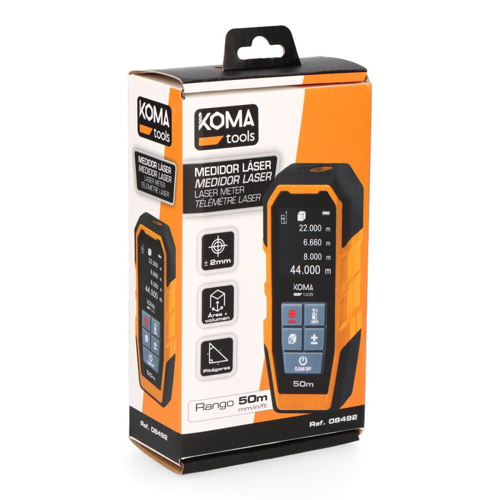 Koma Tools Medidor Láser Profesional Precisión ±2mm Rango 50m Mide Área Volumen Pitágoras Funda Incluida