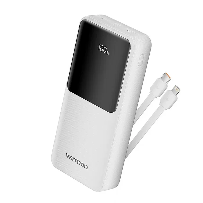 Vention FHPW0 Power Bank Batería Externa 20000 mAh Carga Rápida 22.5W con Pantalla LED, 3 Puertos (USB-C, USB-A, Micro USB) y Cable Incluido, Blanco