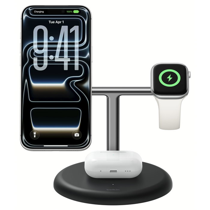 Belkin Estación de carga UltraCharge 3 en 1 Qi2 25 W - Negro/Plata