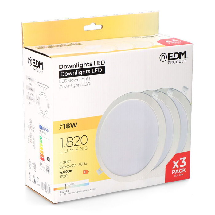 Edm Pack 3 Downlights LED 18W Luz Día 4000K Empotrables Redondos