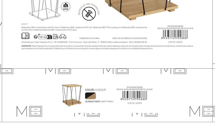 Inde Mesita Auxiliar Madera-Metal Black 31.8x31.8x38.5 cm (4 Unidades)