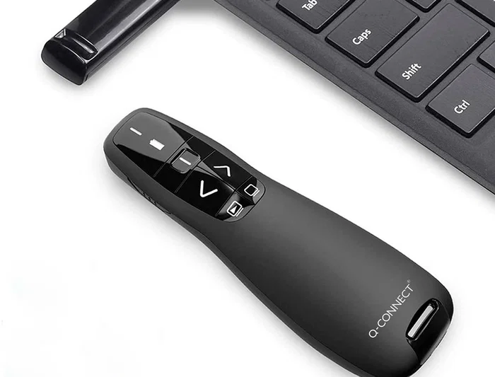 Q-connect Puntero láser inalámbrico para presentaciones con 5 botones, alcance de 20 metros y receptor USB, ideal para controlar diapositivas y funciones avanzadas