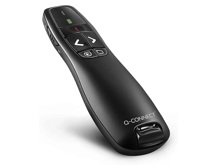 Q-connect Puntero láser inalámbrico para presentaciones con 5 botones, alcance de 20 metros y receptor USB, ideal para controlar diapositivas y funciones avanzadas