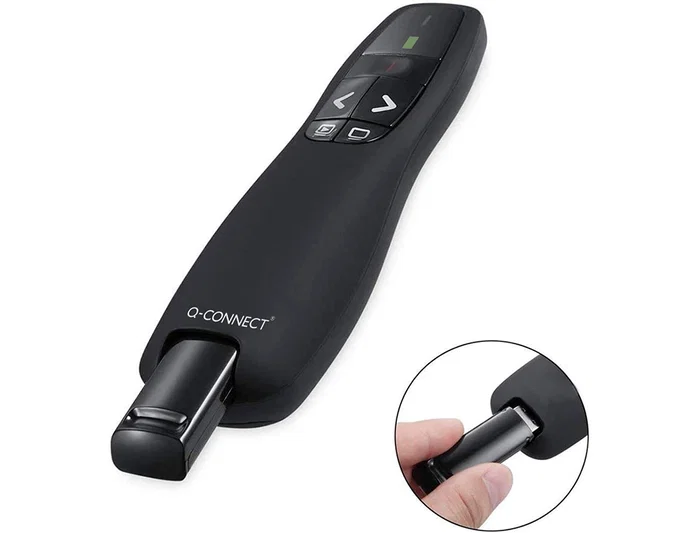 Q-connect Puntero láser inalámbrico para presentaciones con 5 botones, alcance de 20 metros y receptor USB, ideal para controlar diapositivas y funciones avanzadas