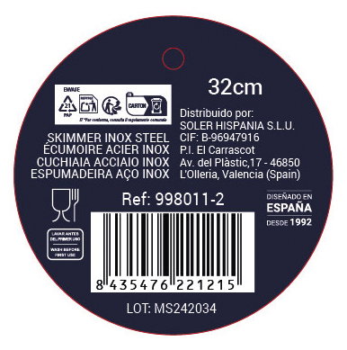 Privilege Espumadera de Acero Inoxidable 32 cm con Mango de 32.2x10.1 cm - Modelo Qut (60 Unidades)