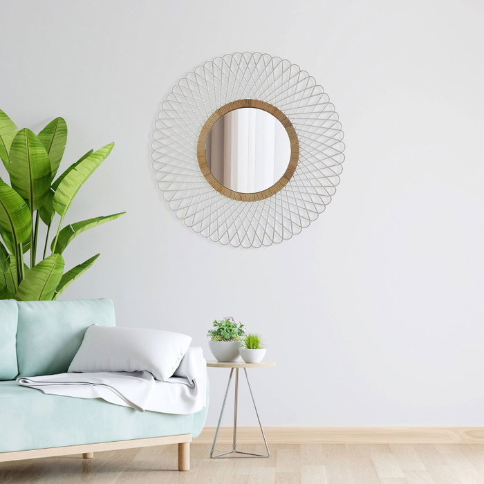 Versa Espejo Redondo Espiral Blanca, Marco de Bambú, 75 cm de Diámetro (2 Unidades)