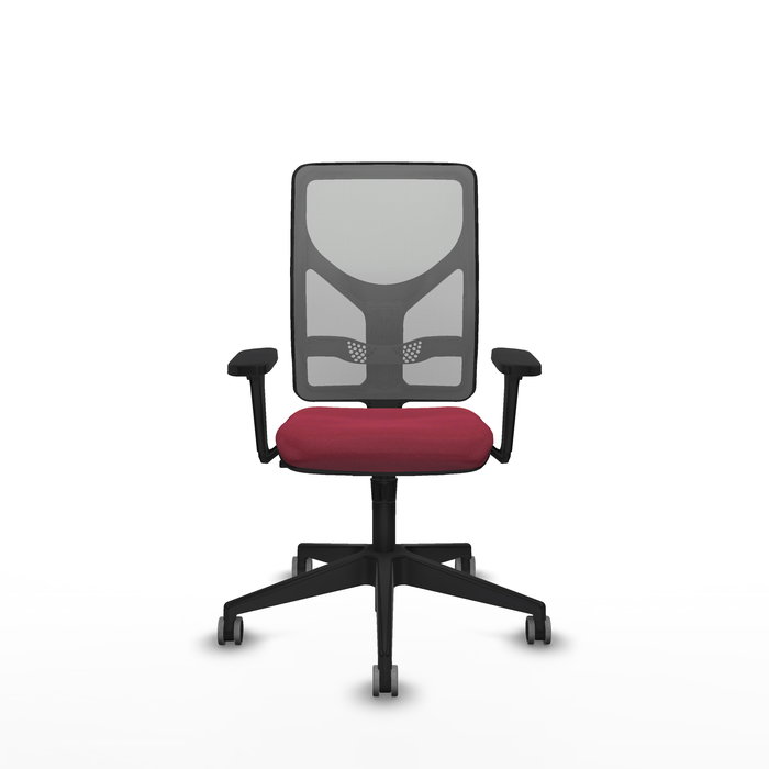 Silla de oficina Motilla con mecanismo Sincro tapizada con Tela color Granate y malla color Gris. Equipada con lumbar 1D, Brazos 3D y Ruedas 65 mm parqué