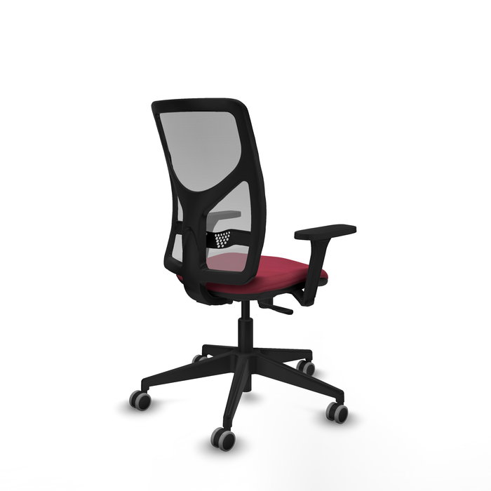Silla de oficina Motilla con mecanismo Sincro tapizada con Tela color Granate y malla color Gris. Equipada con lumbar 1D, Brazos 3D y Ruedas 65 mm parqué