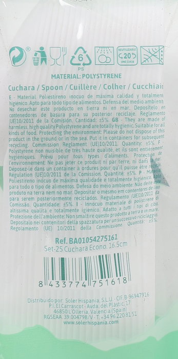 Algon Set de 25 Cucharas Ecológicas, 16.5 cm, de Plástico para Servicio de Comida, 7.4 x 3.4 x 19 cm (36 Unidades)