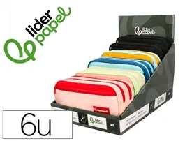 Liderpapel Estuche Portatodo Duo 2 Cremalleras con Bolsillo Frontal, 220x90x50 mm, Expositor 6 Unidades en Colores Combinados (Negro, Rosa, Azul, Verde, Azul Oscuro)