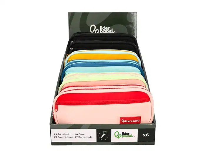 Liderpapel Estuche Portatodo Duo 2 Cremalleras con Bolsillo Frontal, 220x90x50 mm, Expositor 6 Unidades en Colores Combinados (Negro, Rosa, Azul, Verde, Azul Oscuro)