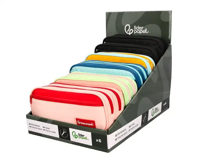 Liderpapel Estuche Portatodo Duo 2 Cremalleras con Bolsillo Frontal, 220x90x50 mm, Expositor 6 Unidades en Colores Combinados (Negro, Rosa, Azul, Verde, Azul Oscuro)