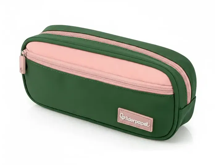 Liderpapel Estuche Portatodo Duo 2 Cremalleras con Bolsillo Frontal, 220x90x50 mm, Expositor 6 Unidades en Colores Combinados (Negro, Rosa, Azul, Verde, Azul Oscuro)