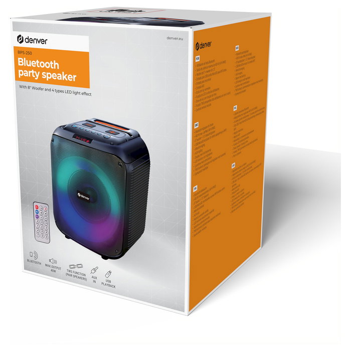 Denver BPS-250 Altavoz Portátil Estéreo Bluetooth 5.0 40W 8 Pulgadas 3600 mAh Negro con Iluminación LED y Micrófono