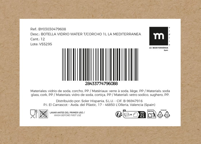 La Mediterranea Botella Vidrio Water T/Corcho 1L 8.7x8.7x27.8 cm (24 Unidades)
