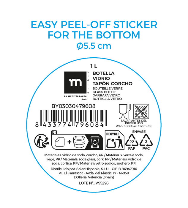 La Mediterranea Botella Vidrio Water T/Corcho 1L 8.7x8.7x27.8 cm (24 Unidades)