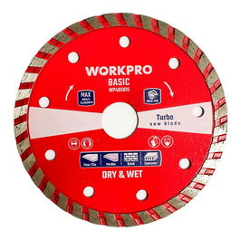 Workpro Disco diamantado continuo turbo basic Ø180 x 22,2 mm para corte básico en seco o húmedo de azulejo, piedra, hormigón y ladrillo - Cuerpo acero 65mn
