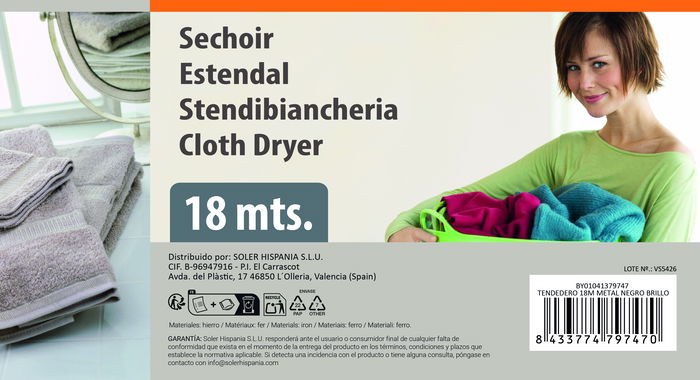 Inde Tendedero metálico extensible de 18 m, color negro brillo, largo 127 x ancho 51 x alto 3.5 cm (6 Unidades)