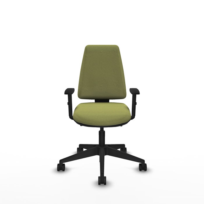 Silla de oficina Elche con mecanismo Asincro tapizada con Tela color Verde oliva. Equipada con Base piramidal negra, Brazos 1D y Ruedas 65mm nailon